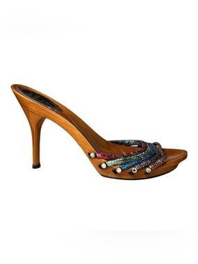 Y2k Rene Caovilla Rainbow Rhinestone Wooden Plastic Slide Mule Heels 38 7.5